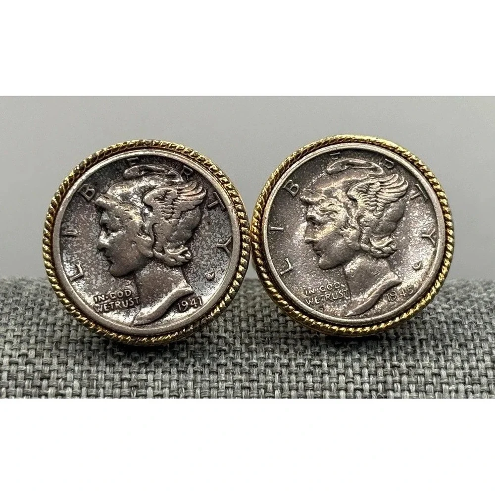 Vintage Mercury Dime Coin Silver Gold Tone Cufflinks 1941 1945